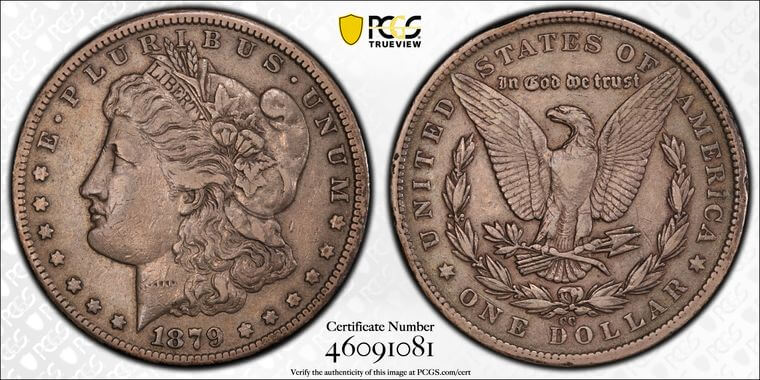 The 1879-CC is one of the most popular Morgan dollars from the Carson City Mint. Most of this mintage went directly into circulation in the bustling Comstock region. PCGS Cert#: 46091081 PCGS Description: 1879-CC $1 PCGS Grade: VF30 - Wear now evident ove