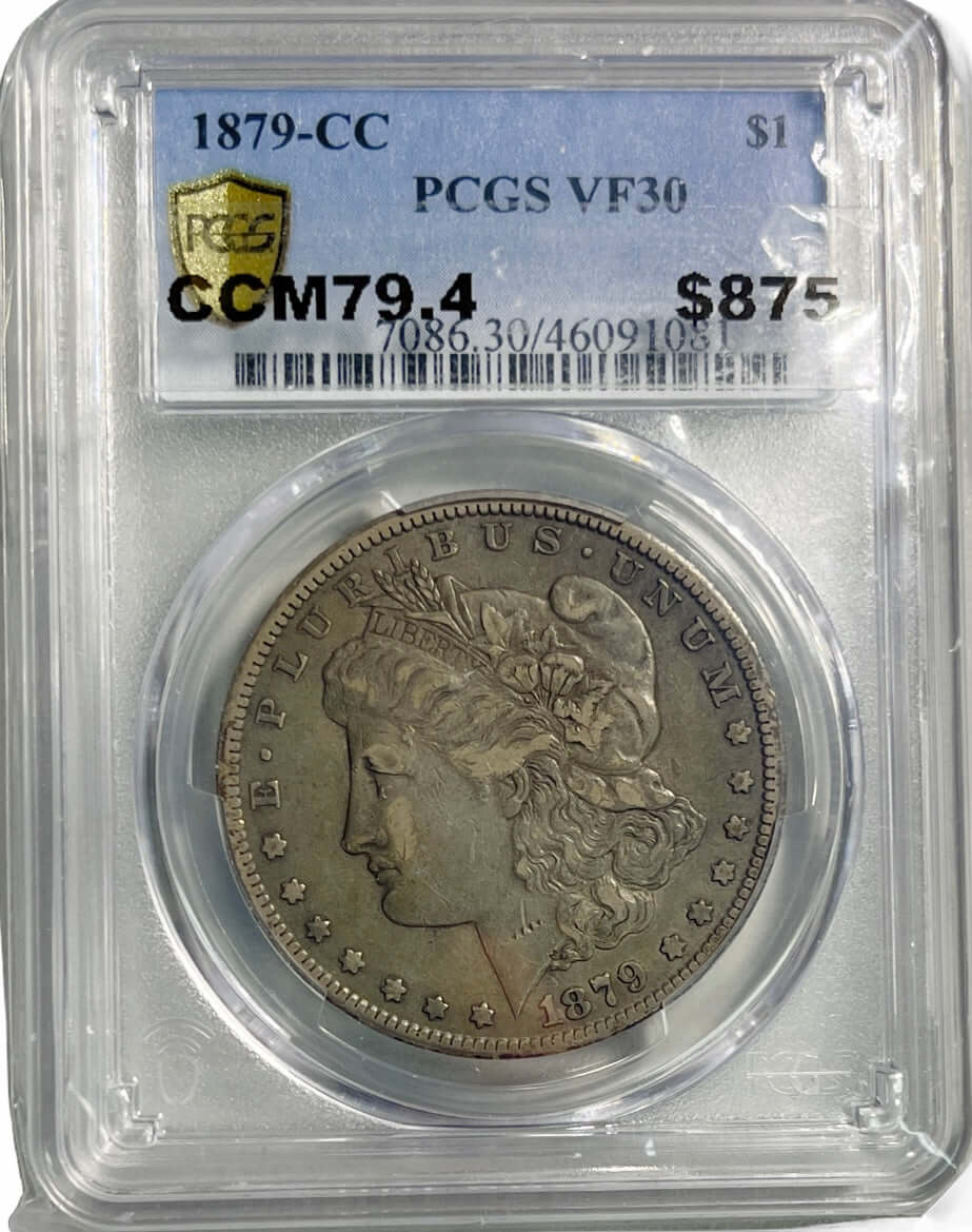 The 1879-CC is one of the most popular Morgan dollars from the Carson City Mint. Most of this mintage went directly into circulation in the bustling Comstock region. PCGS Cert#: 46091081 PCGS Description: 1879-CC $1 PCGS Grade: VF30 - Wear now evident ove