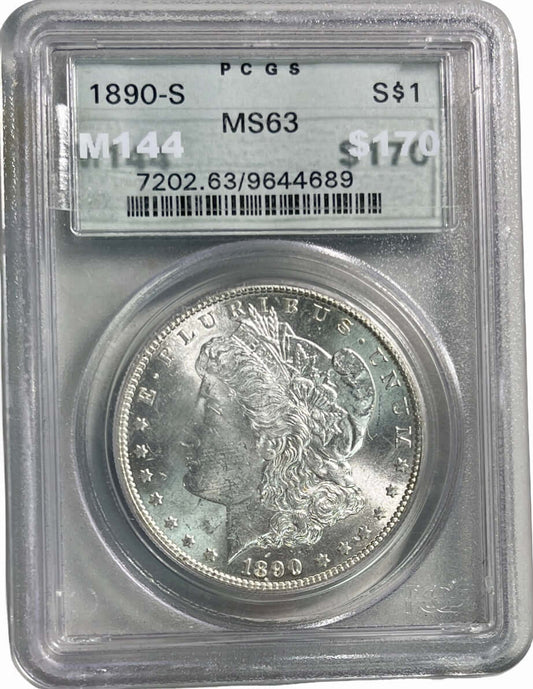 An attractive 1890 CC silver Carson City Mint Morgan dollar graded MS 63 by PCGS. This Carson City Mint date holds a mintage of 8,230,373. It is one of 5,588 graded Mint State 63 by PCGS. PCGS Cert#: 9644689 PCGS Description: 1890-S $1 PCGS Grade: MS 63 (